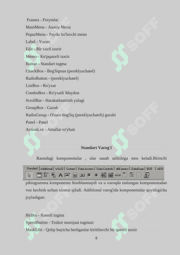 “Algaritmik tillar va dasturlash” fanidan “C++ BUILDER muhitida Win32 komponentalari bilan ishlash” mavzusida KURS ISHI 8