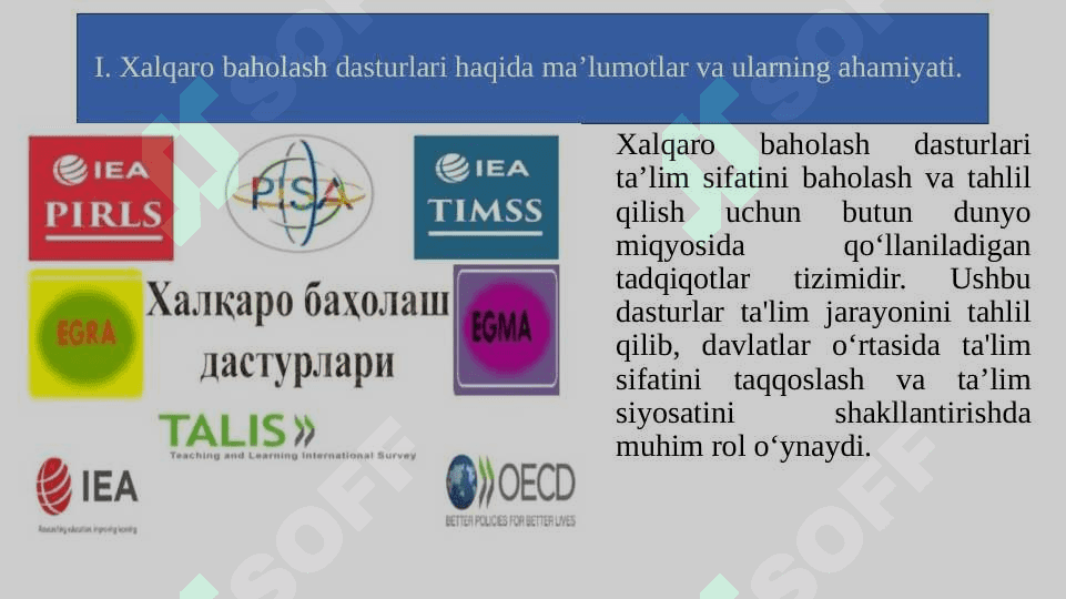 Xalqaro baholash dasturlari PISA, PIRLS, TIMSS, ICILS, TALIS 3