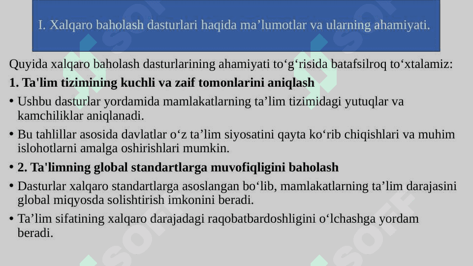 Xalqaro baholash dasturlari PISA, PIRLS, TIMSS, ICILS, TALIS 4