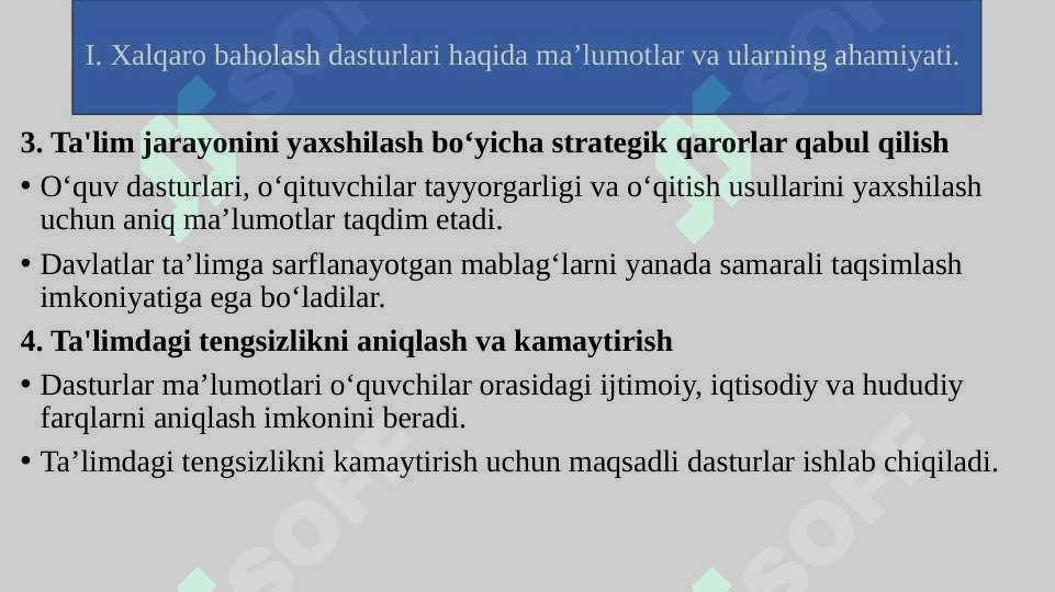 Xalqaro baholash dasturlari PISA, PIRLS, TIMSS, ICILS, TALIS 5