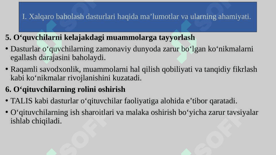 Xalqaro baholash dasturlari PISA, PIRLS, TIMSS, ICILS, TALIS 6