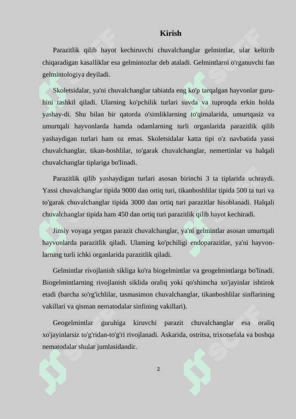Yassi chuvalchanglarning rivojlanish sikli parazitlik hayot mahsuli. 2