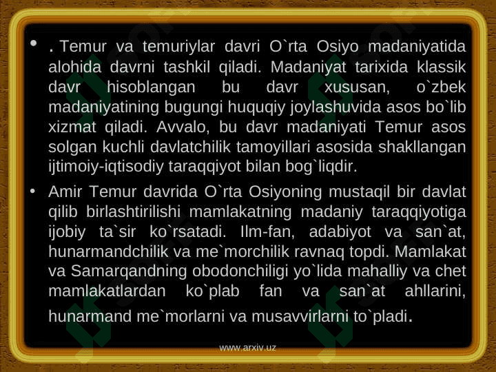 TEMUR VA TEMURIYLAR DAVRI   ME’MORCHILIK SAN’ATI 3