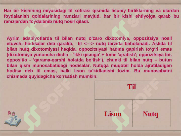 Тil murakkab qurilishga molik bo‘lib, dastlab uning ikki holati – lison va  nutq farqlanadi. 3