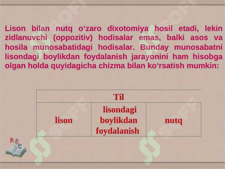 Тil murakkab qurilishga molik bo‘lib, dastlab uning ikki holati – lison va  nutq farqlanadi. 4