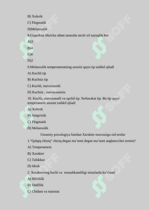 Umumiy psixologiya fanidan testlar. 2