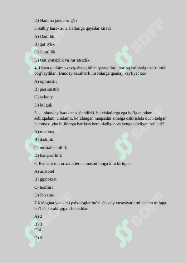 Umumiy psixologiya fanidan testlar. 3
