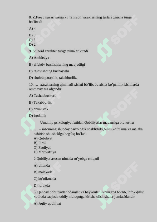 Umumiy psixologiya fanidan testlar. 4