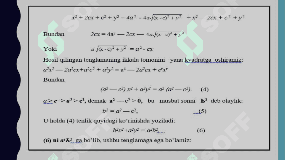 Ikkinchi tartibli egri chiziqning tarifi. Aylana, Ellipsoid, Giperbola, Parabola 4