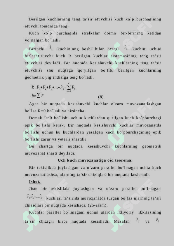 Kesishuvchi kuchlar sistemasining geometrik muvozanat shartiga oid masalalar. Teksilikda ixtiyoriy joylashgan kuchlar sistemasining muvozanatiga oid masalalar. 4