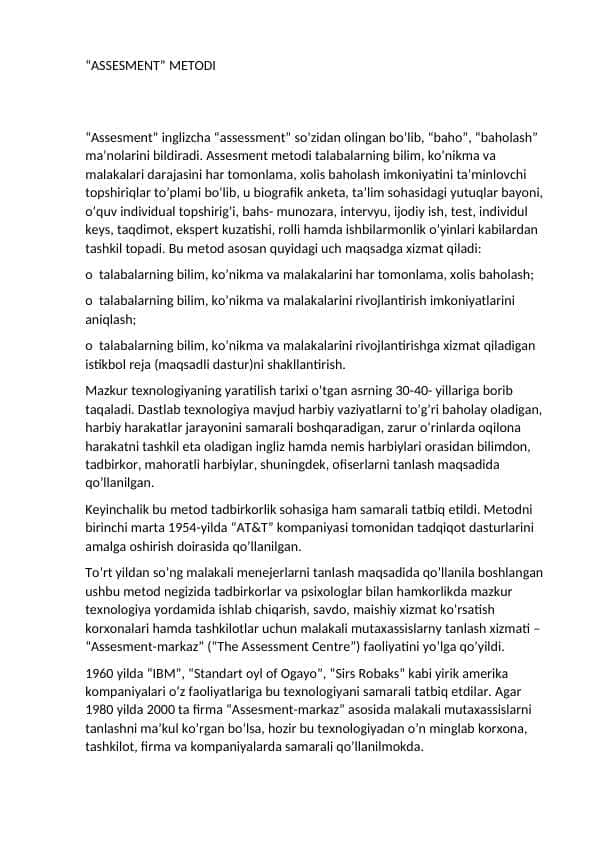 “ASSESMENT” METODI