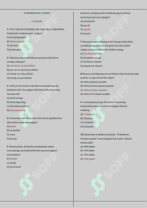 Majburiy Tarix fanidan Tushish ehtmoli yuqori 100 variant 6