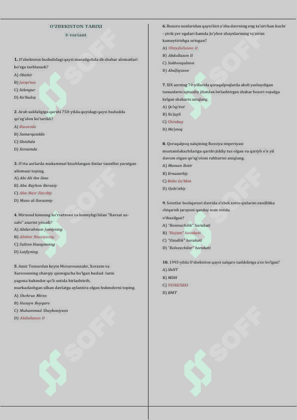 Majburiy Tarix fanidan Tushish ehtmoli yuqori 100 variant 8
