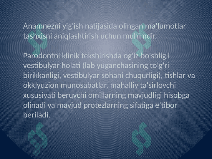 Parodont kasalliklari klinik tekshirish usullari (sub'ektiv, ob'ektiv tekshirish usullari, PMA, KPI, PI ko'rsatkichlari). Parodont kasalliklarining funksional tekshirish usullari. (Kulajenko, reoparodontografiya). 3