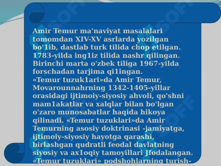 AMIR TEMUR TUZUKLARI. DAVLAT BOSHAQRUVI HAQIDA MUHIM MANBA. TUZUKLARIDA TEMUR VA TEMURIYLAR SHAJARASI 2