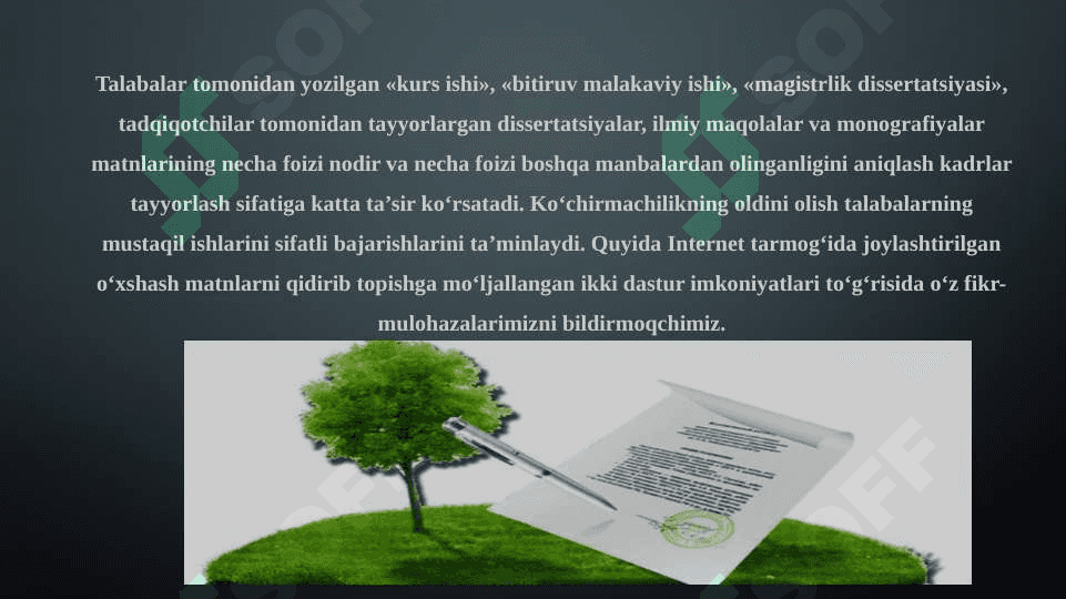 Antiplagiat dasturlari: lokal va global(xorijiy va respublika). Plagiat uchun javobgarlik. 4