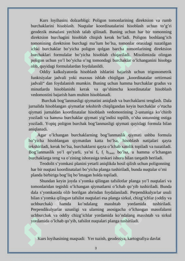 Yopiq poligonda burchaklar va koordinatalar orttirmasi xatosini aniqligi kurs ishi 3