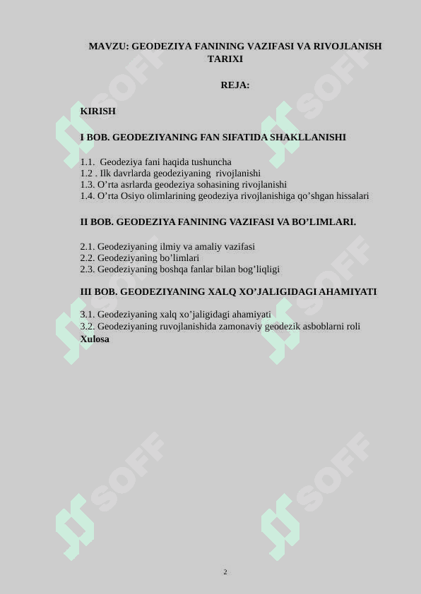 GEODEZIYA  FANINING VAZIFASI VA RIVOJLANISH TARIXI KURS ISHI 2