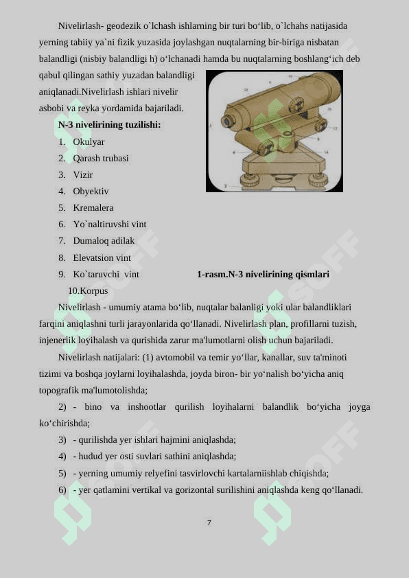 ANIQ NIVILERLAR TUZULISHI VA NIVILERLASH USULLARI KURS ISHI 7