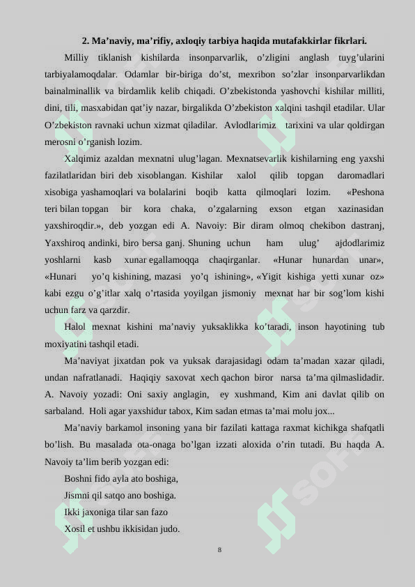 INSON VA JAMIYAT HAYOTIDA MA’NAVIYATNING TUTGAN O’RNI VA AHAMYATI 8