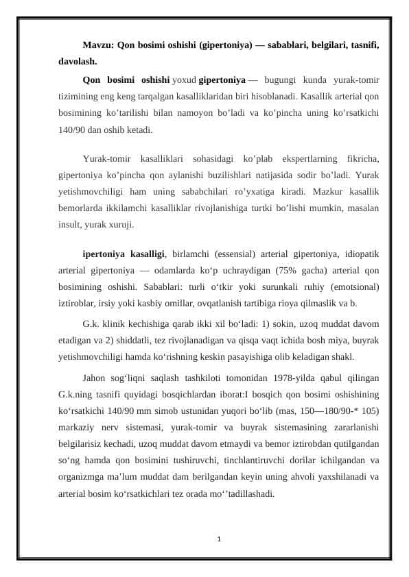 Qon bosimi oshishi (gipertoniya) — sabablari, belgilari, tasnifi, davolash