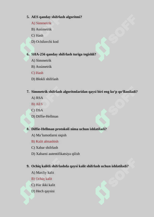 Assimmetrik va Simetrik shifrlash algoritmlari bo'yicha 30 test savollari javoblari bilan 2