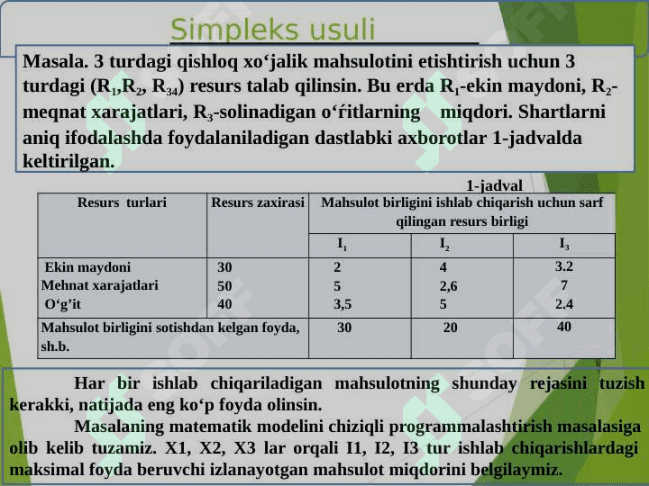 Chiziqli prоgrаmmаlаshtirish mаsаlаsini  simplеks usul bilan yechish 7