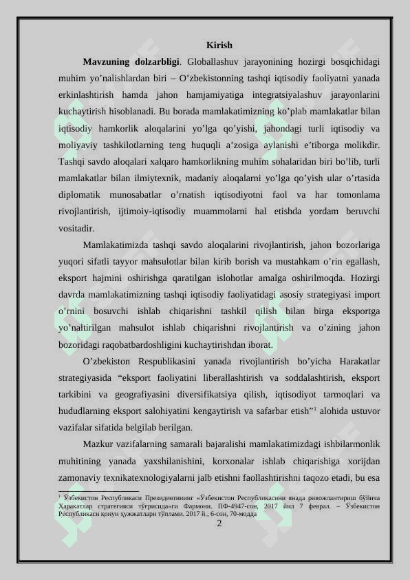 O‘ZBEKISTONNING DUNYONING RIVOJLANGAN DAVLATLARI BILAN IQTISODIY HAMKORLIGI. 2