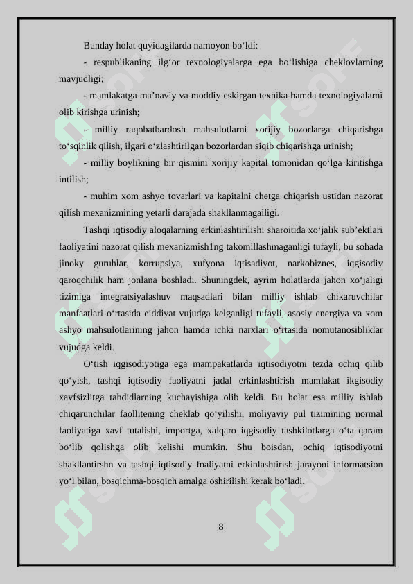 O‘ZBEKISTONNING DUNYONING RIVOJLANGAN DAVLATLARI BILAN IQTISODIY HAMKORLIGI. 8