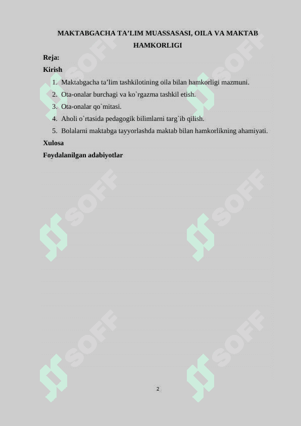 MAKTABGACHA TA’LIM MUASSASASI, OILA VA MAKTAB HAMKORLIGI 2
