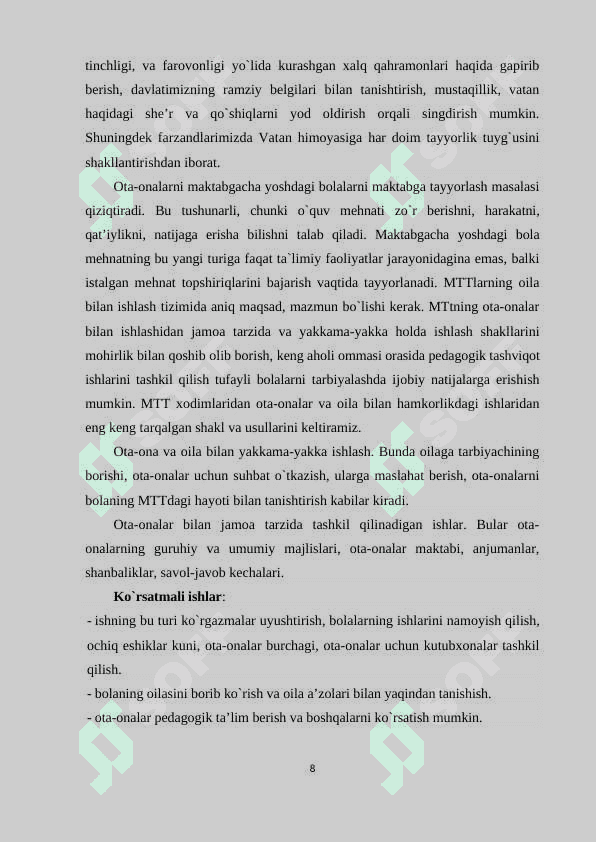 MAKTABGACHA TA’LIM MUASSASASI, OILA VA MAKTAB HAMKORLIGI 8