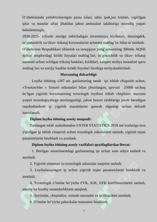 Ne 23,6  CD buz matosining tanda ipi uchun “Truetzschler” firmasi uskunalari bilan jihozlangan quvvati 25 000 urchuq bo’lgan, yigirish texnologik jarayonlarni loyhalash ( 287  art ) Diplom loyiha ishi 7