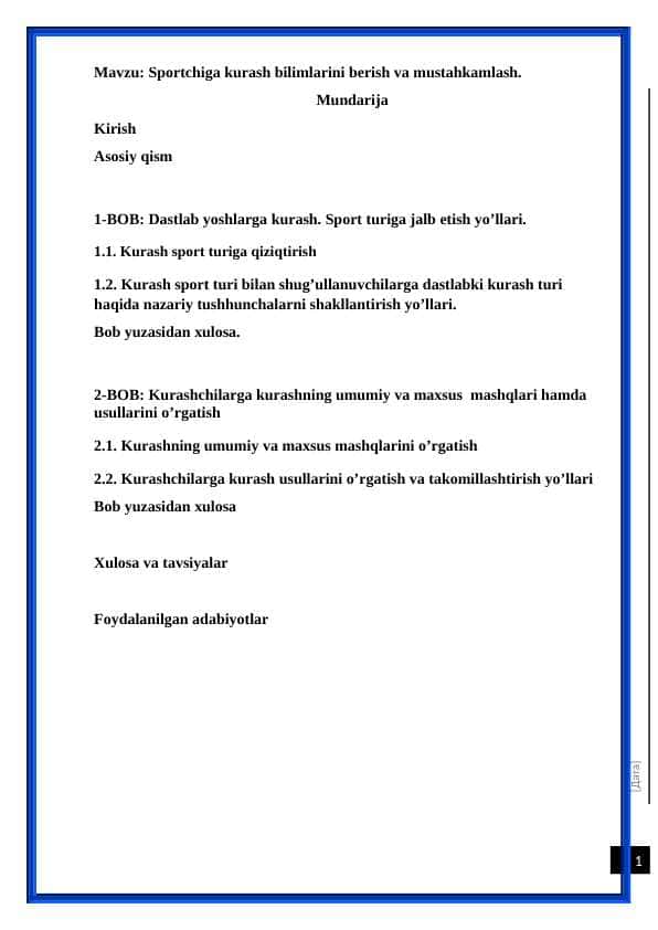 Sportchiga kurash bilimlarini berish va mustaxkamlash. kurs ishi