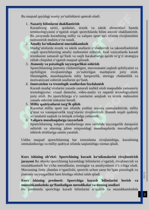 Sportchiga kurash bilimlarini berish va mustaxkamlash. kurs ishi 3