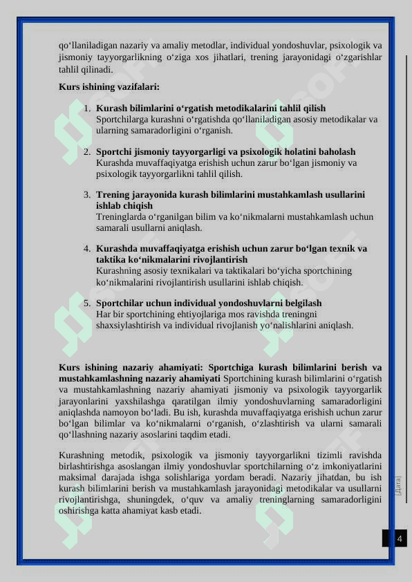 Sportchiga kurash bilimlarini berish va mustaxkamlash. kurs ishi 4