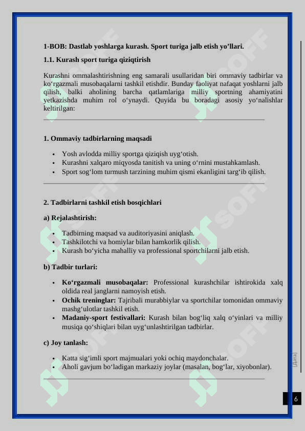 Sportchiga kurash bilimlarini berish va mustaxkamlash. kurs ishi 6