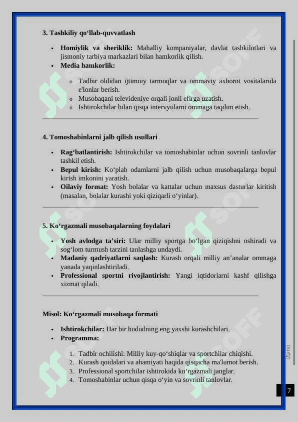 Sportchiga kurash bilimlarini berish va mustaxkamlash. kurs ishi 7