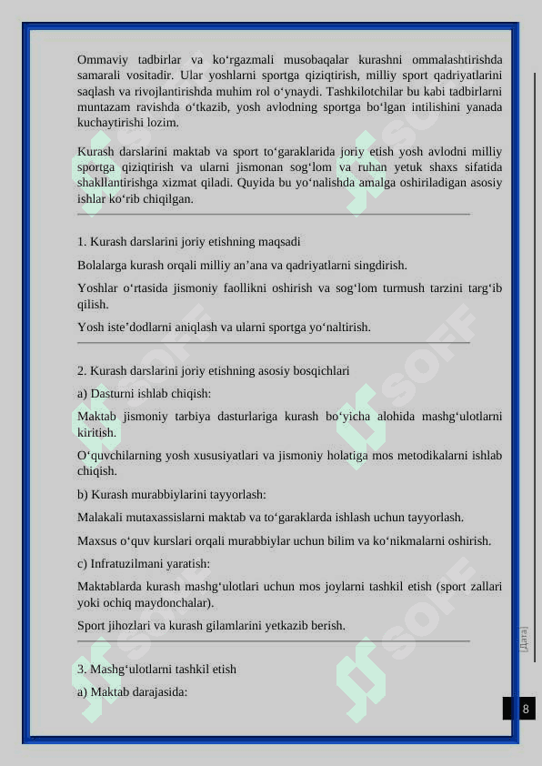Sportchiga kurash bilimlarini berish va mustaxkamlash. kurs ishi 8