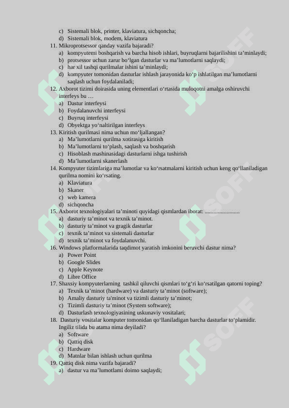 Kompyuterning texnik va dasturiy ta'minoti fanida test 2