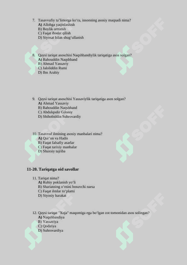 Tasavvuf, tariqat, fiqh va ijmo tushunchalari test 2