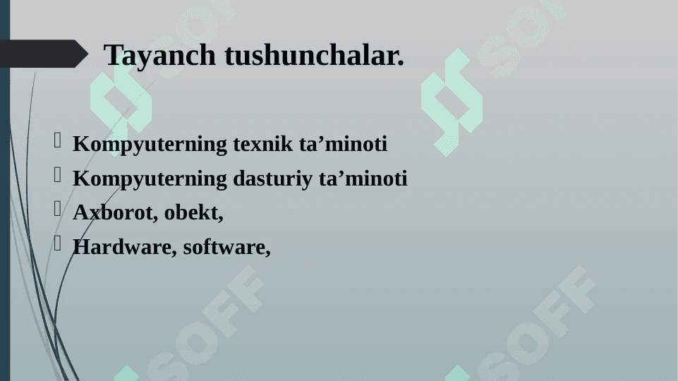 "Kompyuterning texnik va dasturiy ta’minoti” fanining maqsadi va vazifalari. Kompyuter avlodlari va ularning klassifikatsiyasi 4