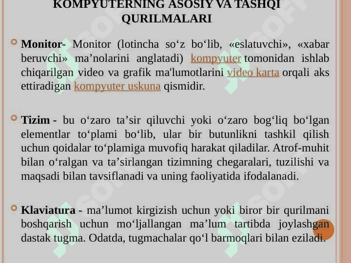 KOMPYUTERNING ASOSIY, ATROF QURILMALARI VA ULARNING   XARAKTERISTIKALARI. 6