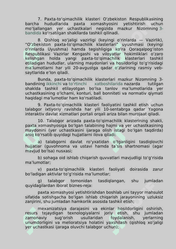 PAXTA-TO‘QIMACHILIK KLASTERLARI FAOLIYATINI TASHKIL ETISH TARTIBI TO‘G‘RISIDAGI NIZOMNI TASDIQLASH HAQIDA 4
