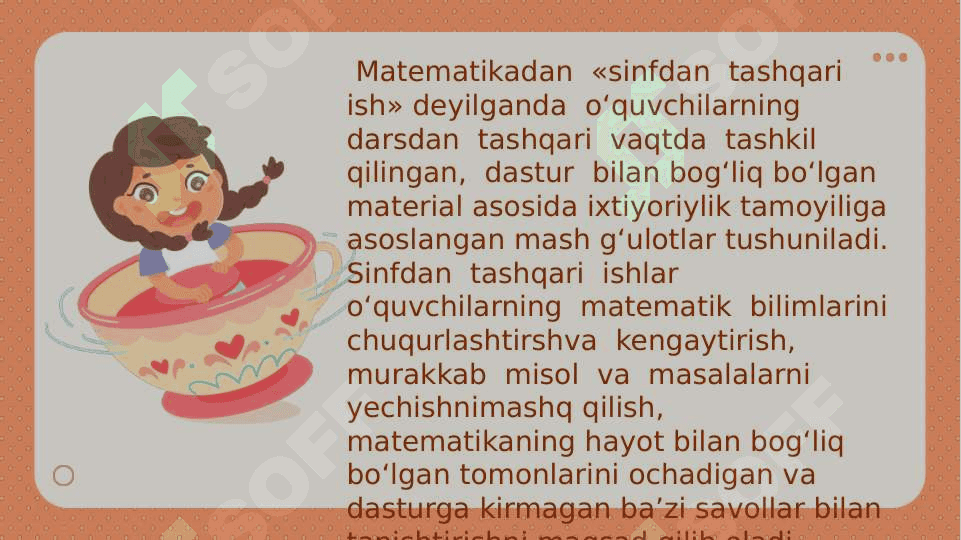 Mavzu: Boshlang‘ich sinflarda matematikadan sinfdan tashqari ishlarni tashkil etishning maqsad va vazifalari .Boshlang‘ich sinflarda matematikadan sinfdan tashqari ishlarni tashkil etish turlari 3