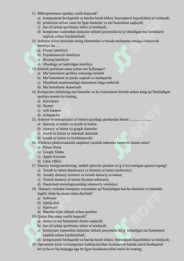 Kompyuter ta'minoti test javobi bilan. 3