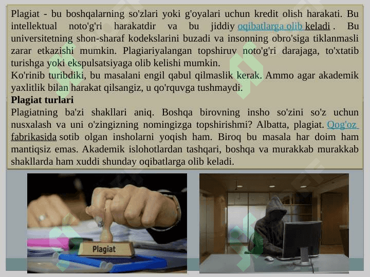 Plagiat haqida tushuncha.Antiplagiat haqida huquqiy va me’yoriy hujjatlar.Mualliflik huquqi .Hammualliflik haqida tushuncha.Antiplagiat dasturlari local va global (xorijiy va respublika ). Plagiat uchun javobgarlik 2