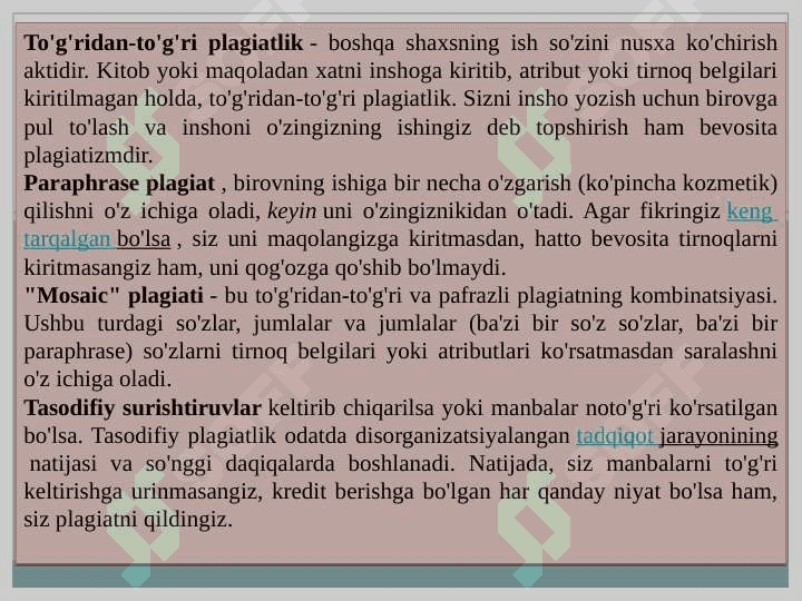 Plagiat haqida tushuncha.Antiplagiat haqida huquqiy va me’yoriy hujjatlar.Mualliflik huquqi .Hammualliflik haqida tushuncha.Antiplagiat dasturlari local va global (xorijiy va respublika ). Plagiat uchun javobgarlik 3