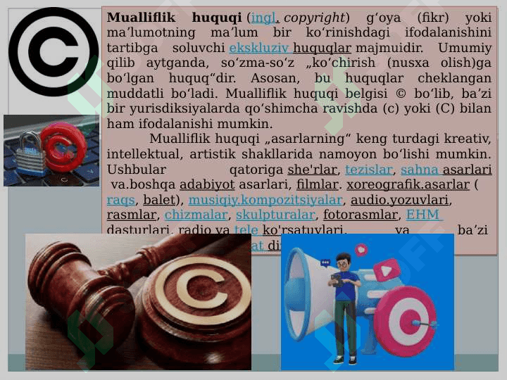 Plagiat haqida tushuncha.Antiplagiat haqida huquqiy va me’yoriy hujjatlar.Mualliflik huquqi .Hammualliflik haqida tushuncha.Antiplagiat dasturlari local va global (xorijiy va respublika ). Plagiat uchun javobgarlik 4