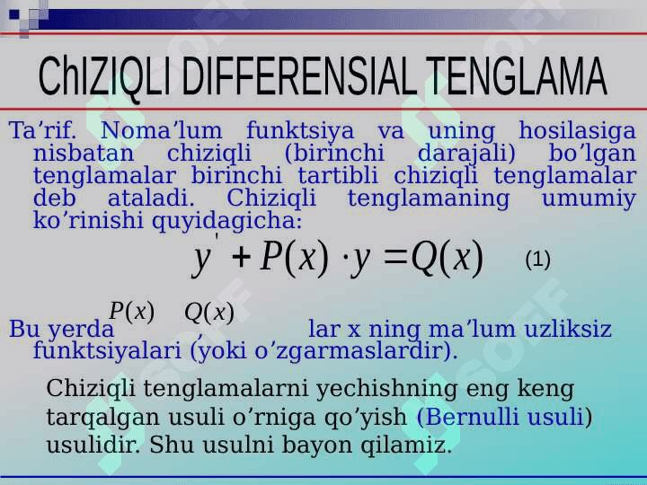 Chiziqli differentsial tenglamalar va ularni yechishning Lagranj va Bernulli usullari. 2