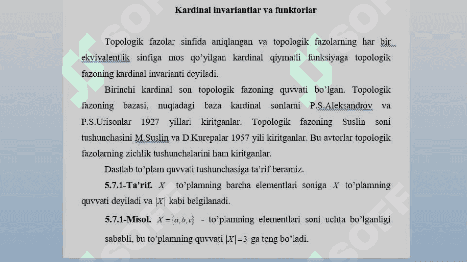 Topologik fazolarning kardinal invariantlari 2